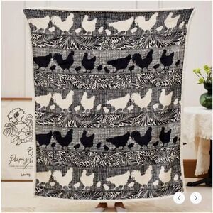 Cottage Chickens Flannel Sherpa Throw Blanket Farmhouse Country Black Rooster